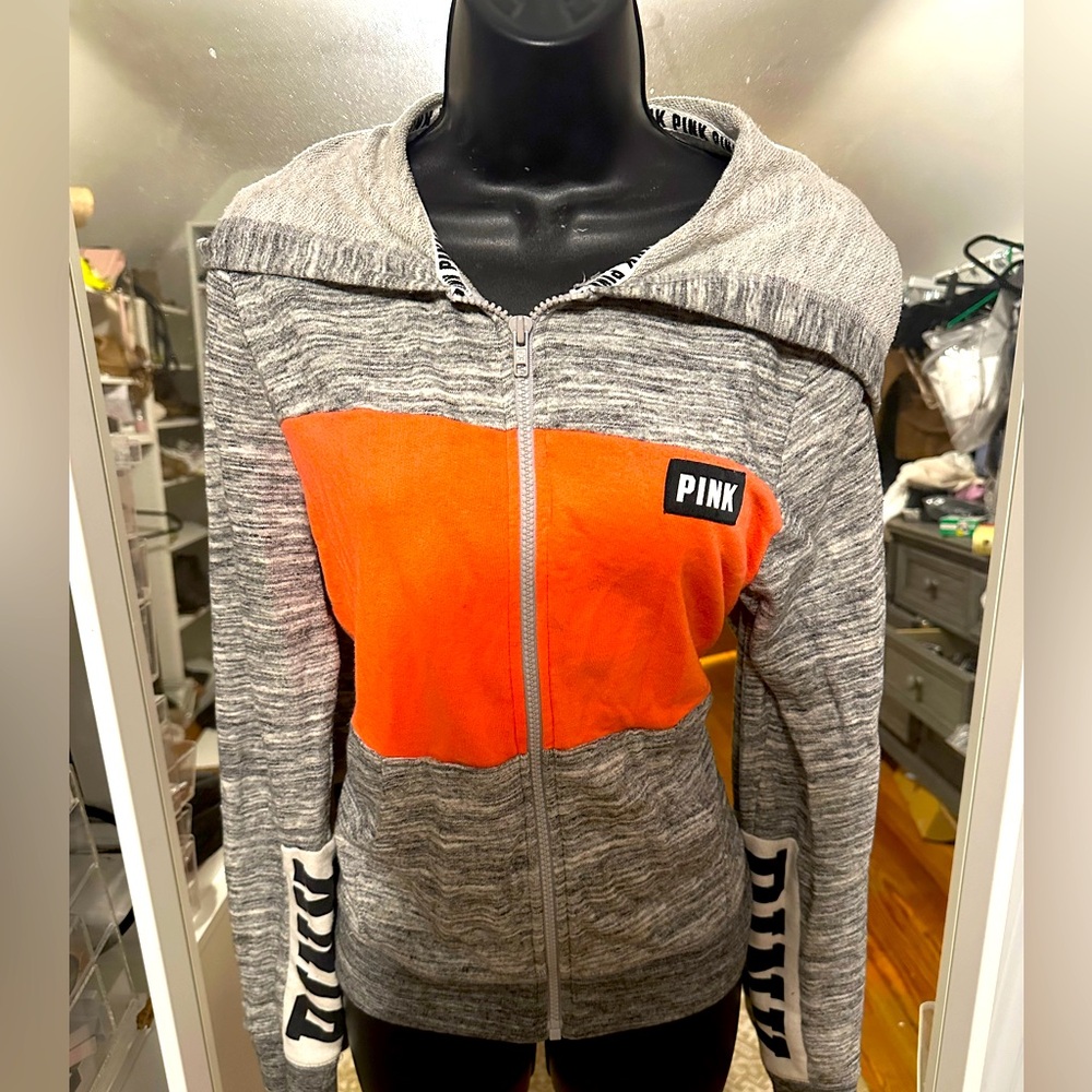 Victoria Secrets PINK zip up sweater orange grey GRAY